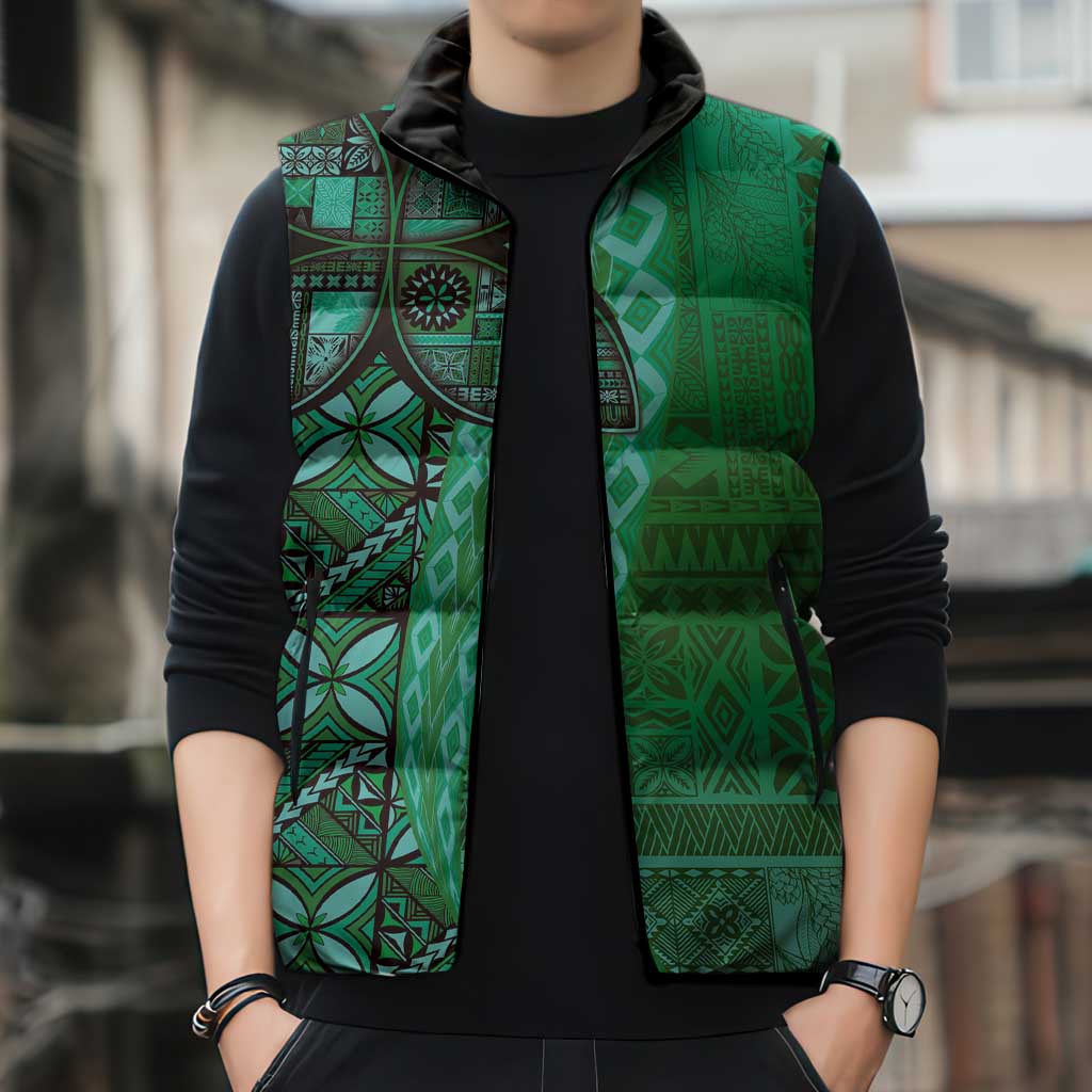 Samoan Pacific Tribal Flower Geometric Art Tattoos Sleeveless Puffer Jacket Siapo Pattern Emerald Glow LT03 - Polynesian Pride
