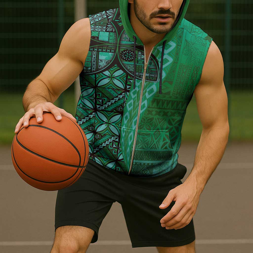 Samoan Pacific Tribal Flower Geometric Art Tattoos Sleeveless Zip Hoodie Siapo Pattern Emerald Glow - Polynesian Pride