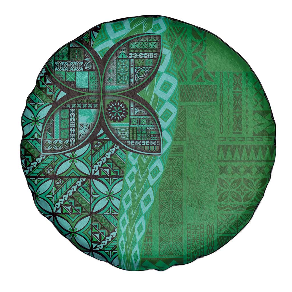 Samoan Pacific Tribal Flower Geometric Art Tattoos Spare Tire Cover Siapo Pattern Emerald Glow - Polynesian Pride