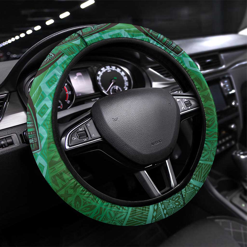 Samoan Pacific Tribal Flower Geometric Art Tattoos Steering Wheel Cover Siapo Pattern Emerald Glow LT03 Universal Fit Green - Polynesian Pride