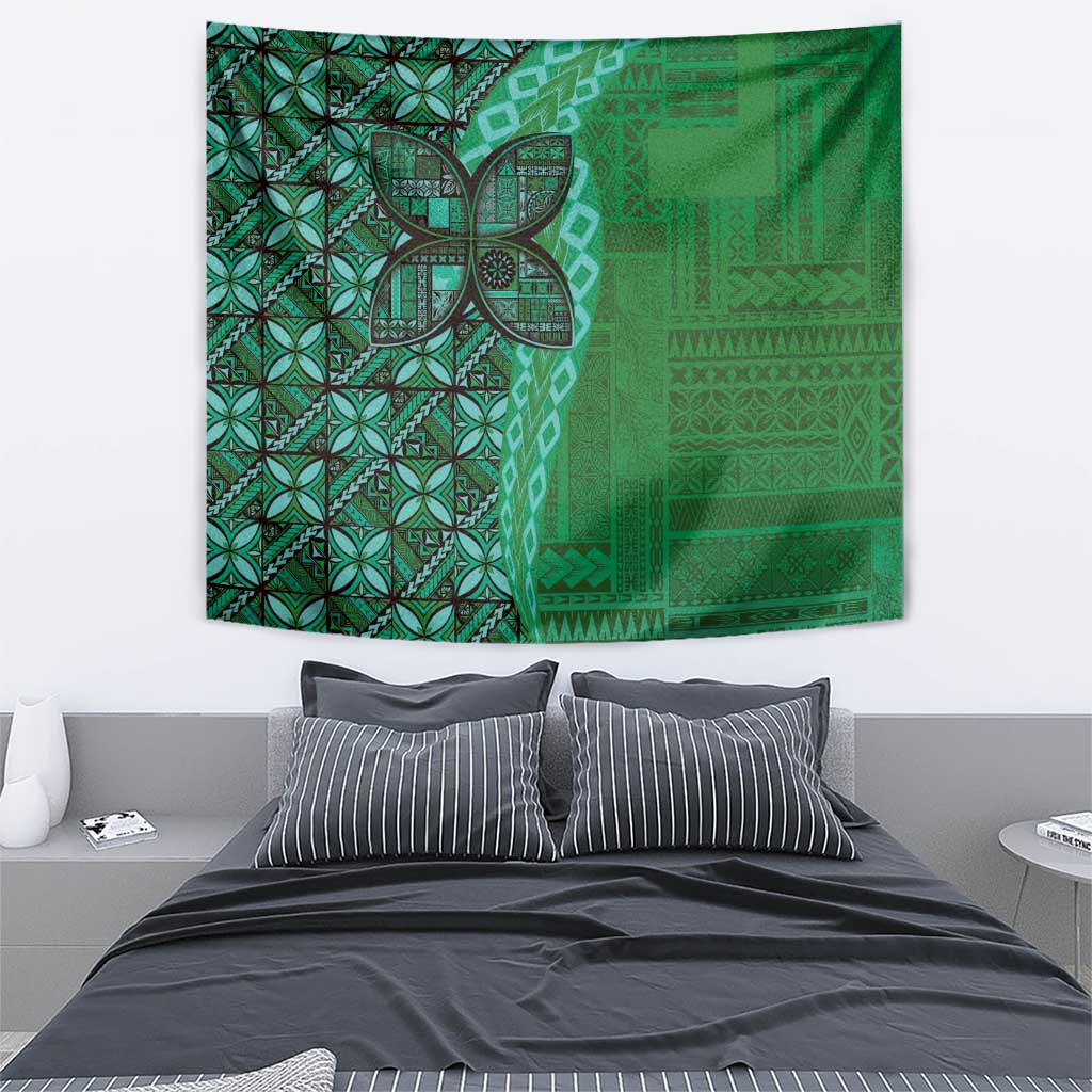 Samoan Pacific Tribal Flower Geometric Art Tattoos Tapestry Siapo Pattern Emerald Glow - Polynesian Pride