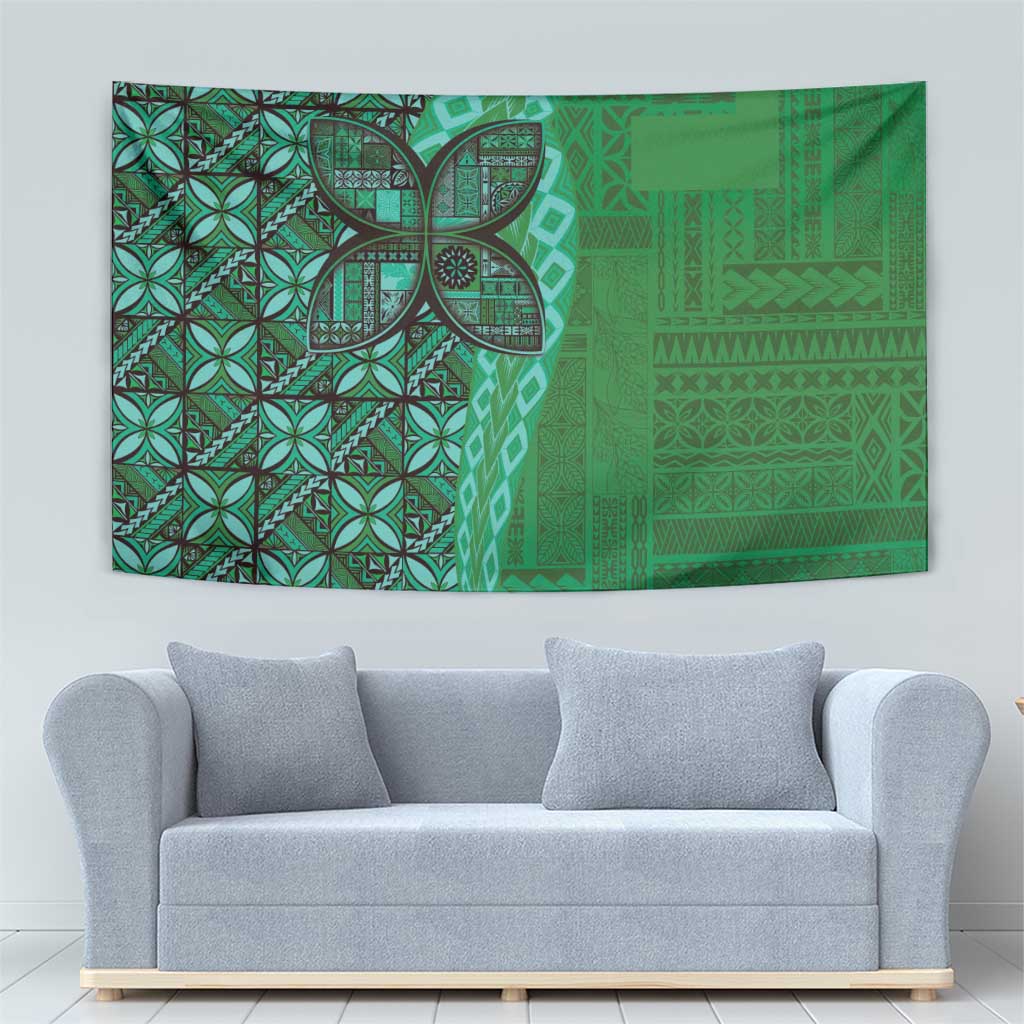 Samoan Pacific Tribal Flower Geometric Art Tattoos Tapestry Siapo Pattern Emerald Glow - Polynesian Pride