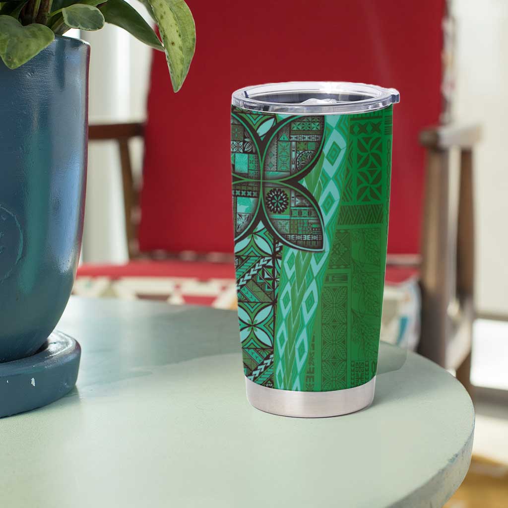 Samoan Pacific Tribal Flower Geometric Art Tattoos Tumbler Cup Siapo Pattern Emerald Glow - Polynesian Pride