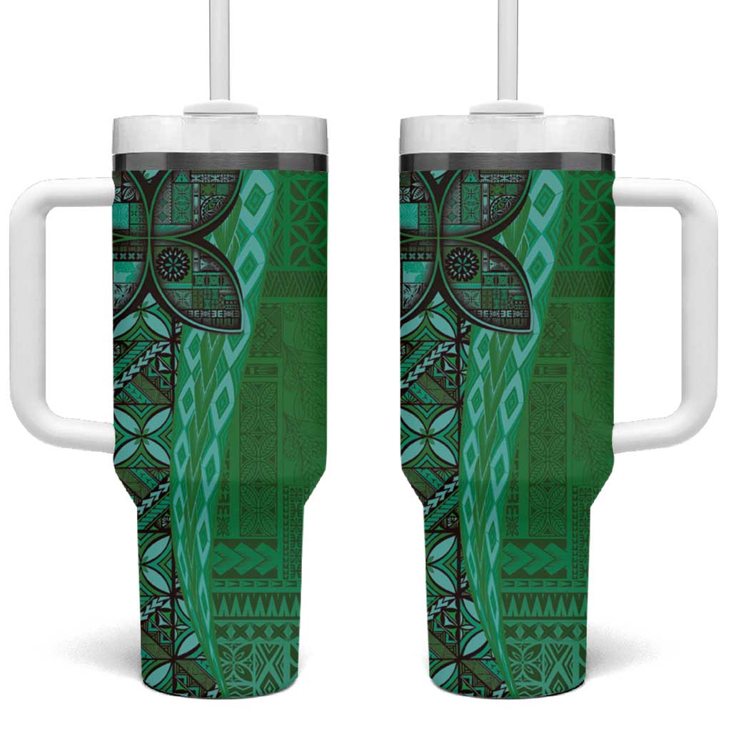 Samoan Pacific Tribal Flower Geometric Art Tattoos Tumbler With Handle Siapo Pattern Emerald Glow - Polynesian Pride