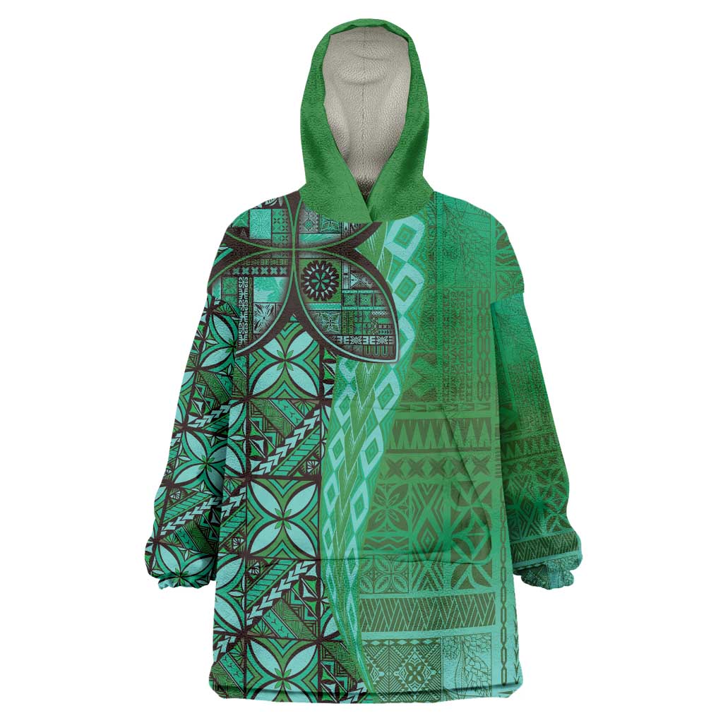 Samoan Pacific Tribal Flower Geometric Art Tattoos Wearable Blanket Hoodie Siapo Pattern Emerald Glow LT03 One Size Green - Polynesian Pride