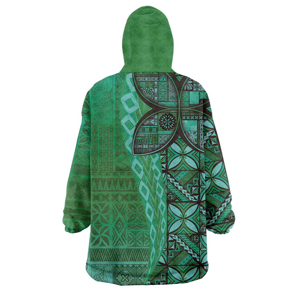Samoan Pacific Tribal Flower Geometric Art Tattoos Wearable Blanket Hoodie Siapo Pattern Emerald Glow LT03 - Polynesian Pride