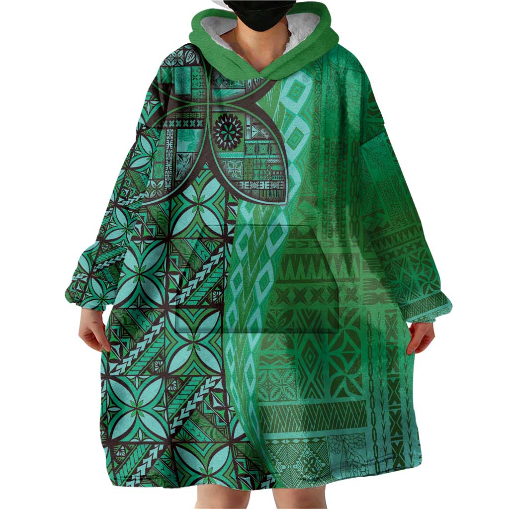 Samoan Pacific Tribal Flower Geometric Art Tattoos Wearable Blanket Hoodie Siapo Pattern Emerald Glow LT03 - Polynesian Pride