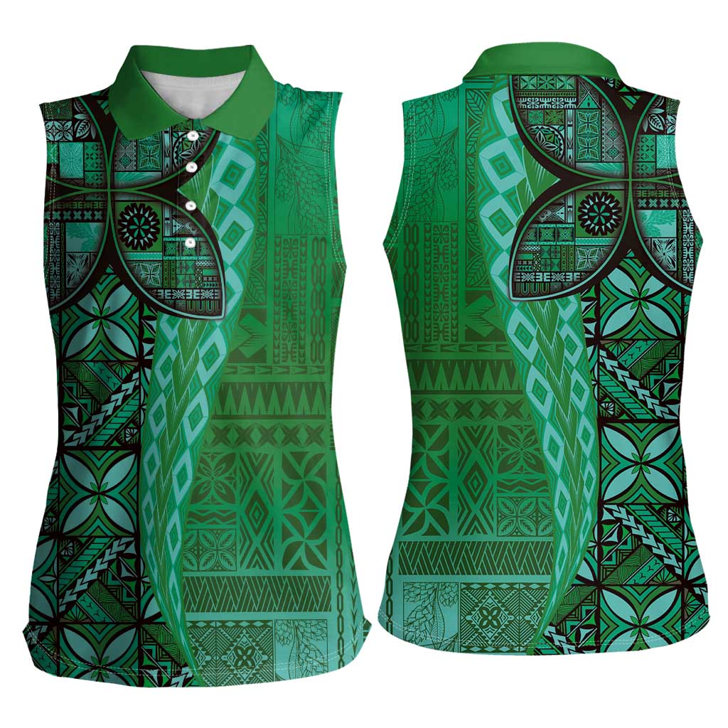Samoan Pacific Tribal Flower Geometric Art Tattoos Women Sleeveless Polo Shirt Siapo Pattern Emerald Glow LT03 - Polynesian Pride