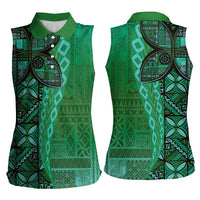 Samoan Pacific Tribal Flower Geometric Art Tattoos Women Sleeveless Polo Shirt Siapo Pattern Emerald Glow LT03 - Polynesian Pride