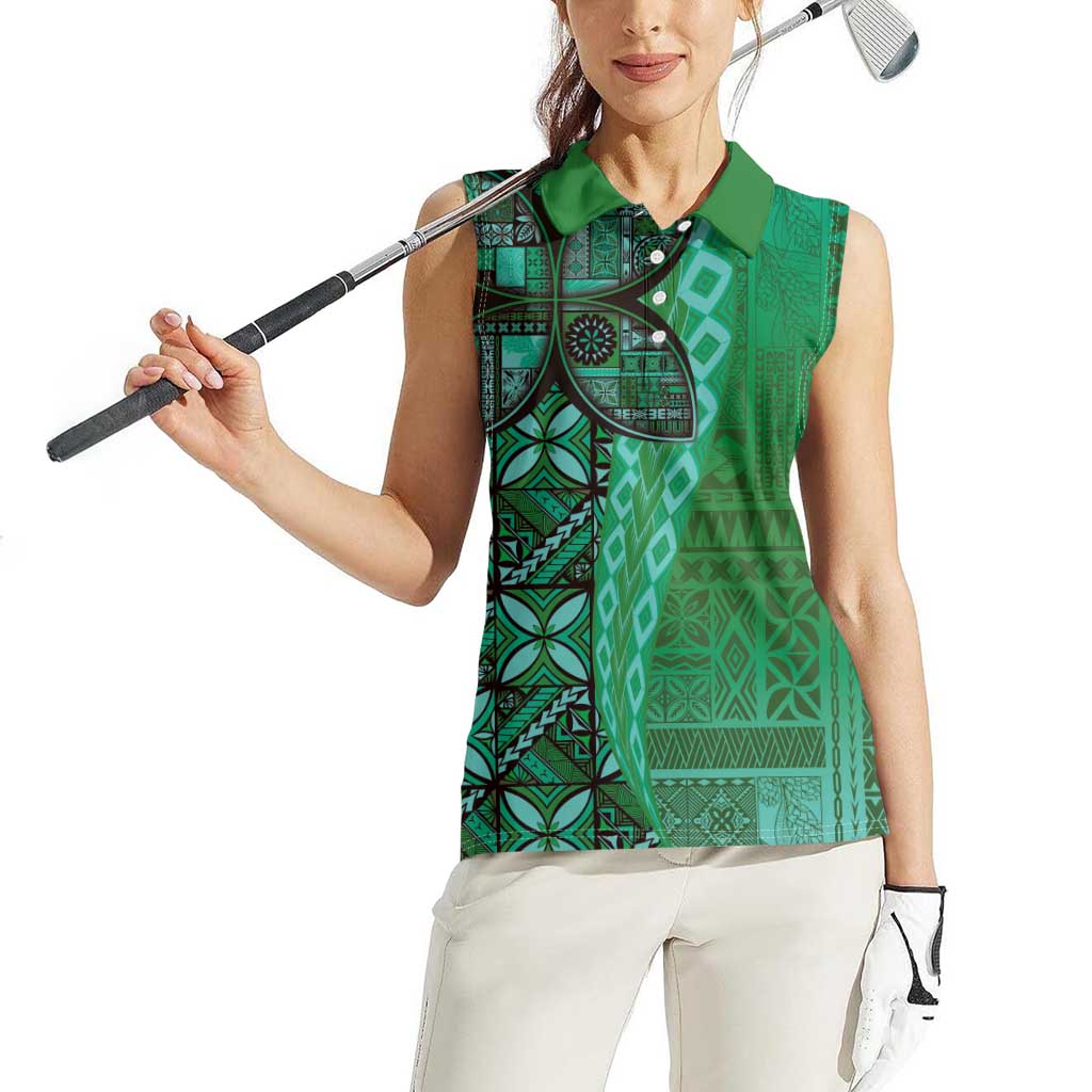 Samoan Pacific Tribal Flower Geometric Art Tattoos Women Sleeveless Polo Shirt Siapo Pattern Emerald Glow LT03 - Polynesian Pride