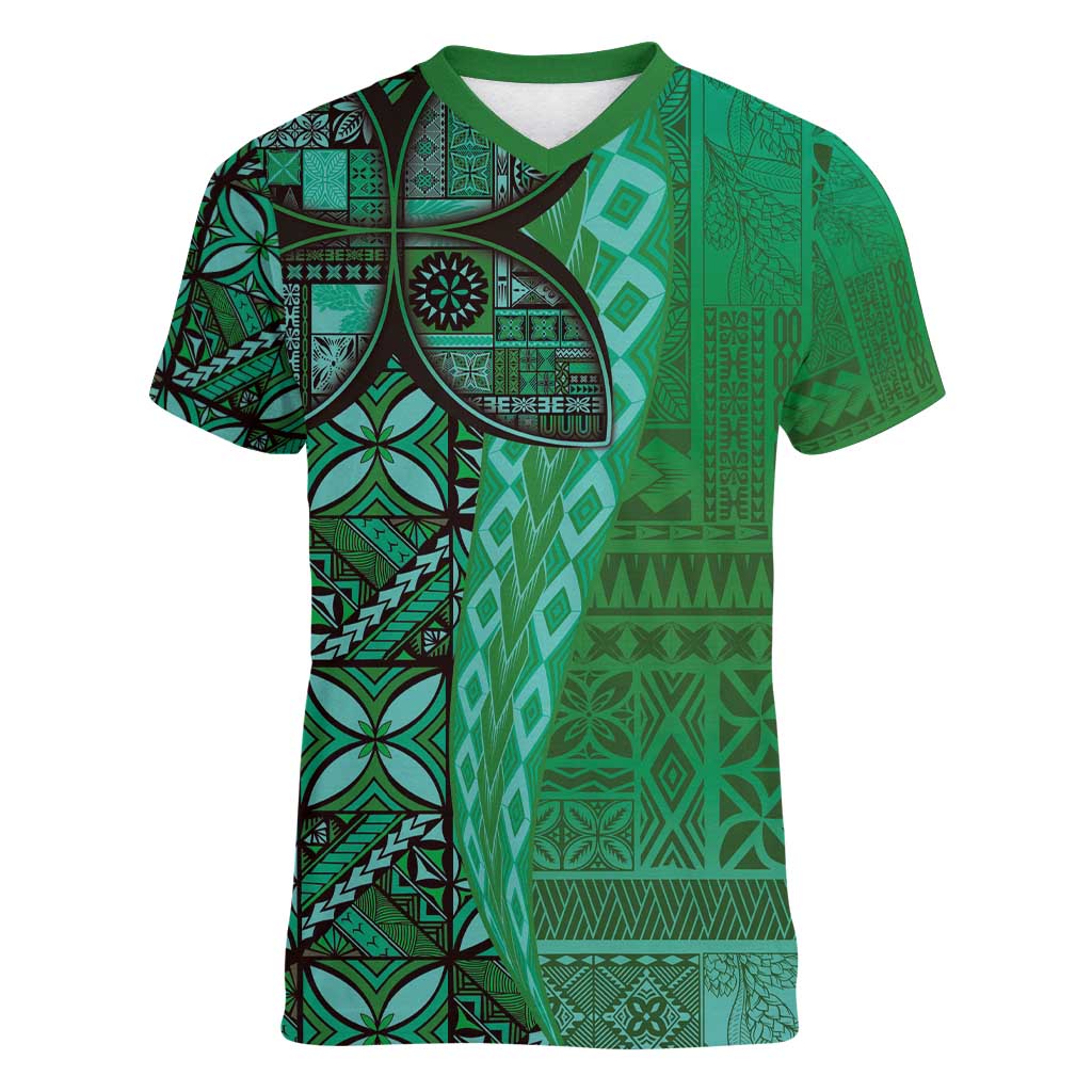 Samoan Pacific Tribal Flower Geometric Art Tattoos Women V-Neck T-Shirt Siapo Pattern Emerald Glow - Polynesian Pride