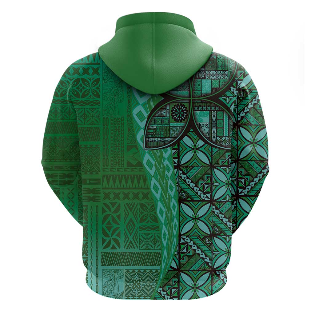 Samoan Pacific Tribal Flower Geometric Art Tattoos Zip Hoodie Siapo Pattern Emerald Glow - Polynesian Pride