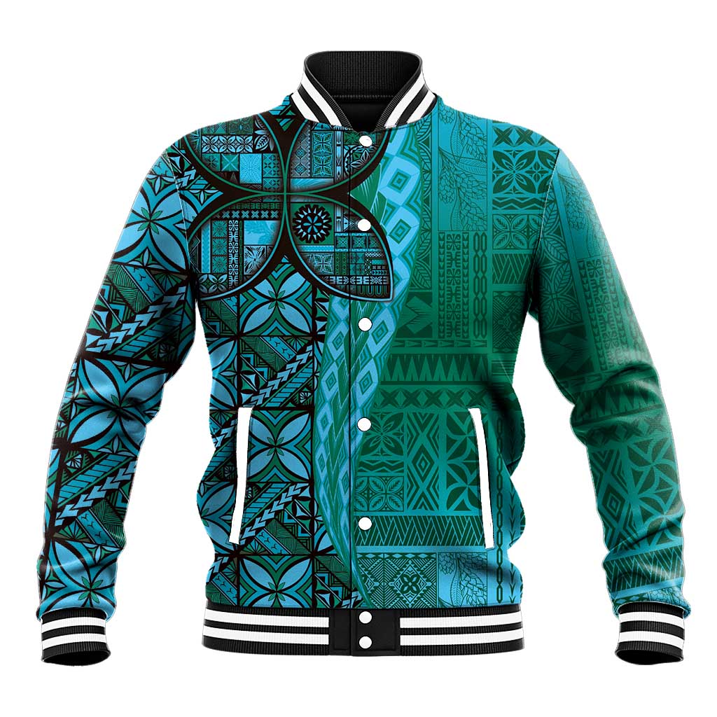 Samoan Pacific Tribal Flower Geometric Art Tattoos Baseball Jacket Siapo Pattern Turquoise Tide LT03 Unisex Turquoise - Polynesian Pride
