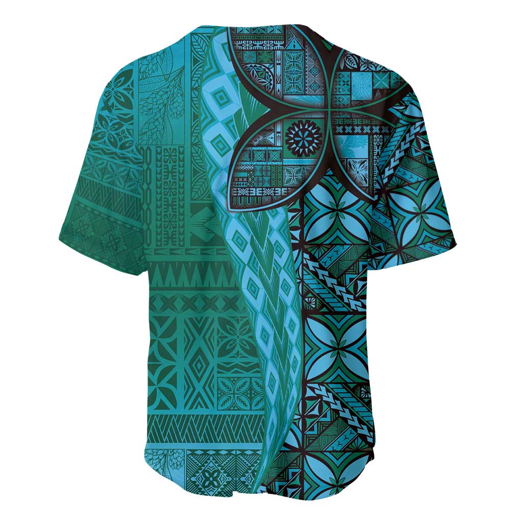 Samoan Pacific Tribal Flower Geometric Art Tattoos Baseball Jersey Siapo Pattern Turquoise Tide - Polynesian Pride