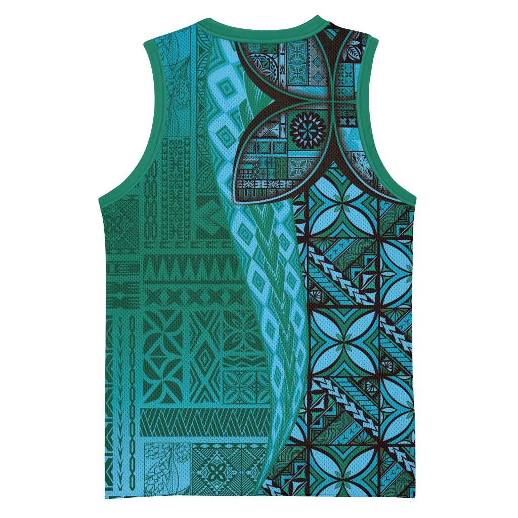 Samoan Pacific Tribal Flower Geometric Art Tattoos Basketball Jersey Siapo Pattern Turquoise Tide LT03 - Polynesian Pride