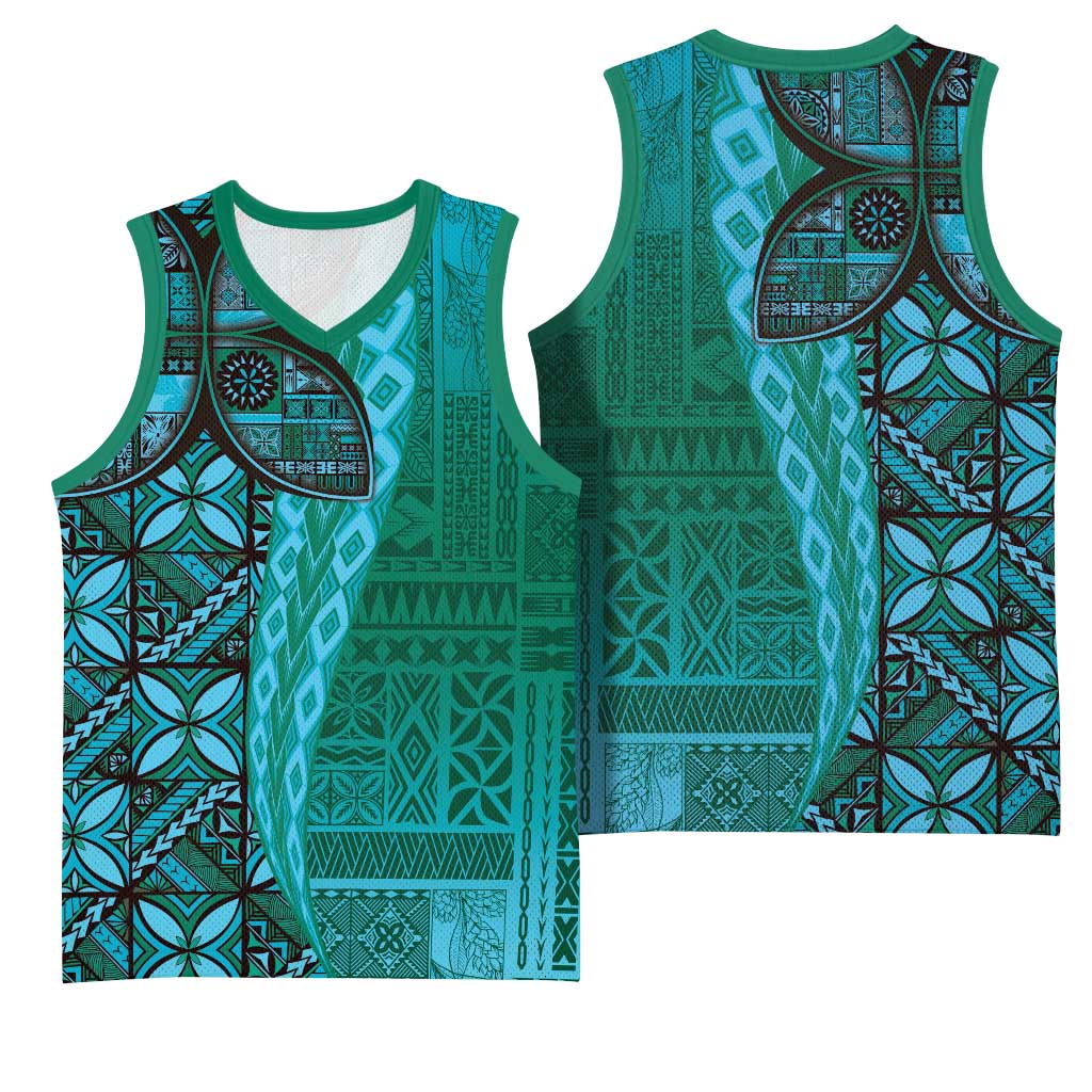 Samoan Pacific Tribal Flower Geometric Art Tattoos Basketball Jersey Siapo Pattern Turquoise Tide LT03 - Polynesian Pride