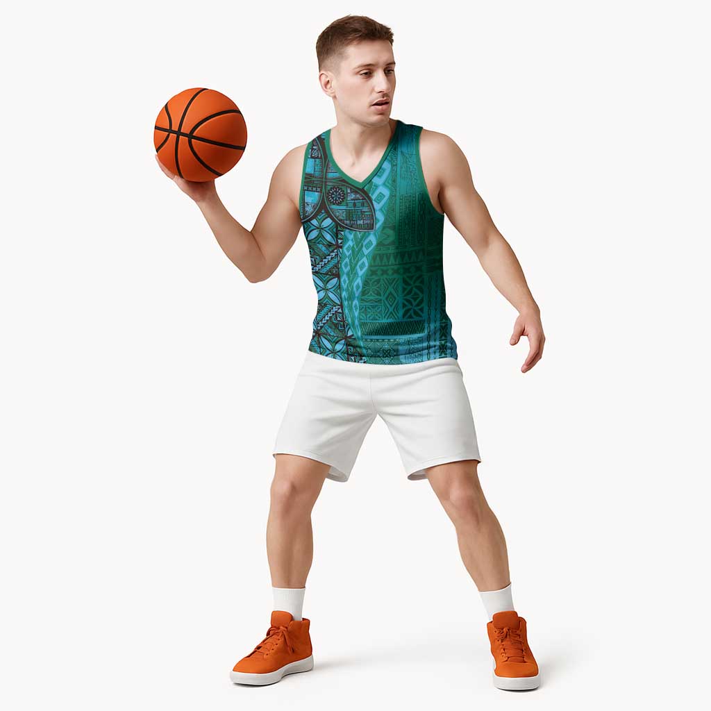 Samoan Pacific Tribal Flower Geometric Art Tattoos Basketball Jersey Siapo Pattern Turquoise Tide LT03 - Polynesian Pride