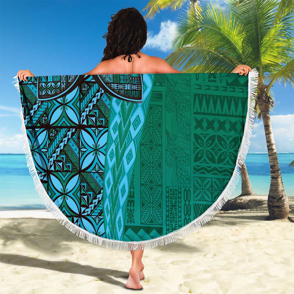 Samoan Pacific Tribal Flower Geometric Art Tattoos Beach Blanket Siapo Pattern Turquoise Tide LT03 - Polynesian Pride