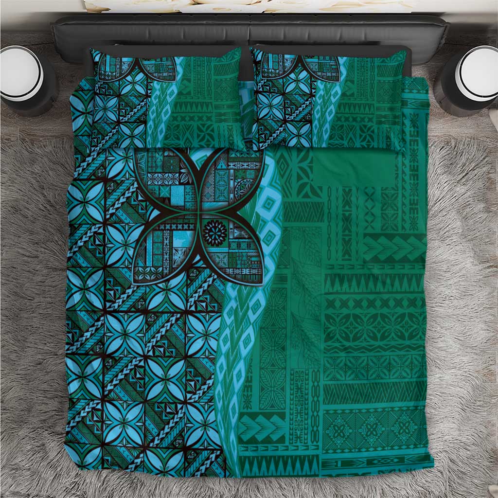 Samoan Pacific Tribal Flower Geometric Art Tattoos Bedding Set Siapo Pattern Turquoise Tide - Polynesian Pride