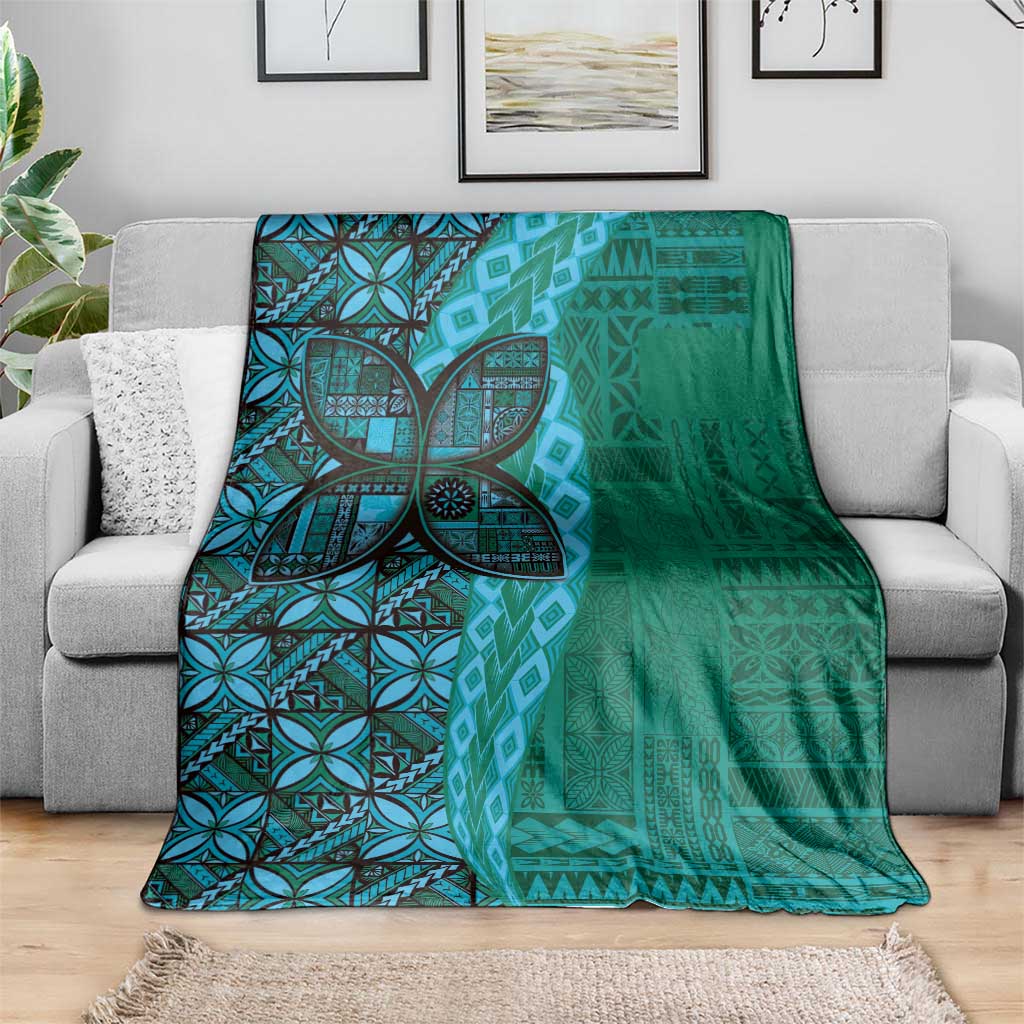 Samoan Pacific Tribal Flower Geometric Art Tattoos Blanket Siapo Pattern Turquoise Tide - Polynesian Pride