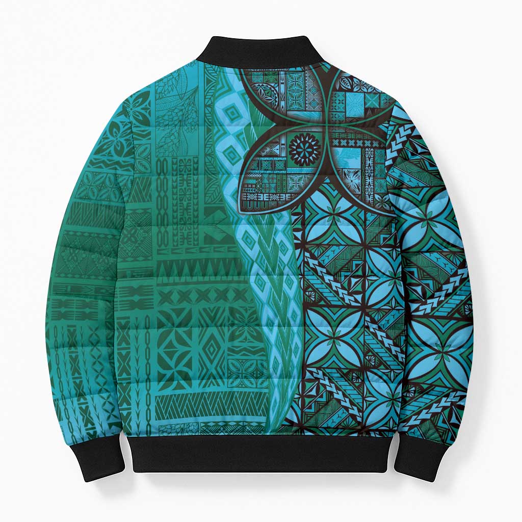 Samoan Pacific Tribal Flower Geometric Art Tattoos Bomber Puffer Jacket Siapo Pattern Turquoise Tide LT03 - Polynesian Pride