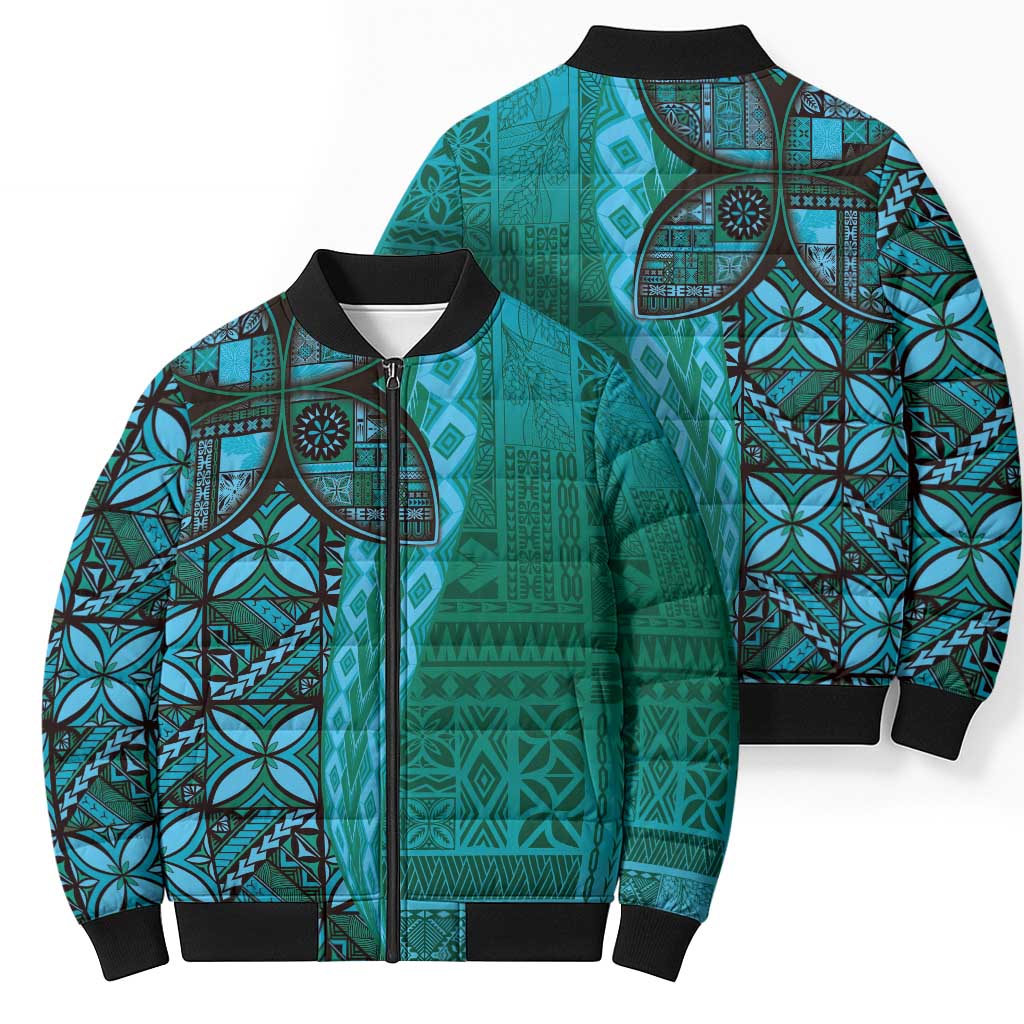 Samoan Pacific Tribal Flower Geometric Art Tattoos Bomber Puffer Jacket Siapo Pattern Turquoise Tide LT03 - Polynesian Pride
