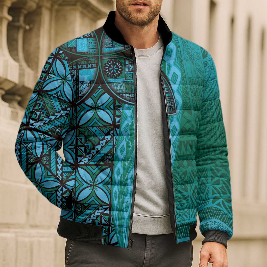 Samoan Pacific Tribal Flower Geometric Art Tattoos Bomber Puffer Jacket Siapo Pattern Turquoise Tide LT03 - Polynesian Pride