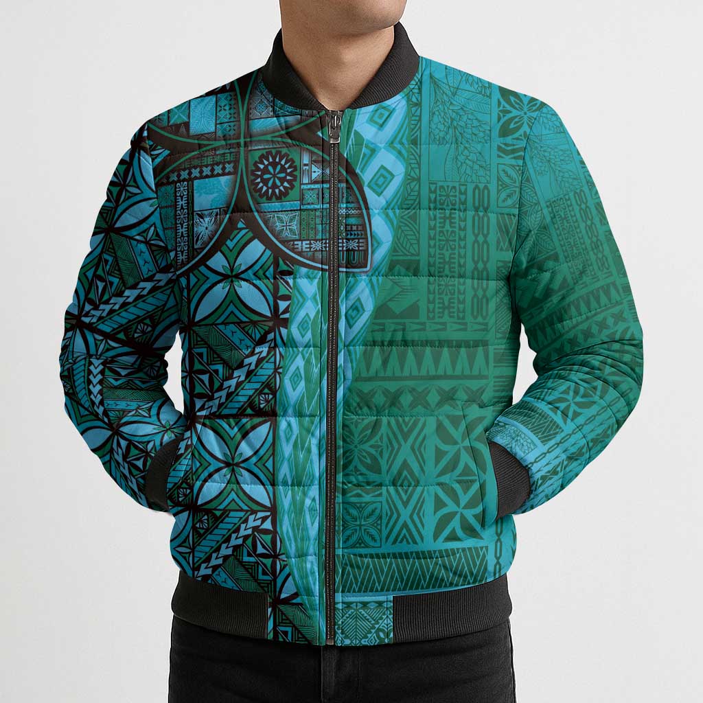 Samoan Pacific Tribal Flower Geometric Art Tattoos Bomber Puffer Jacket Siapo Pattern Turquoise Tide LT03 - Polynesian Pride