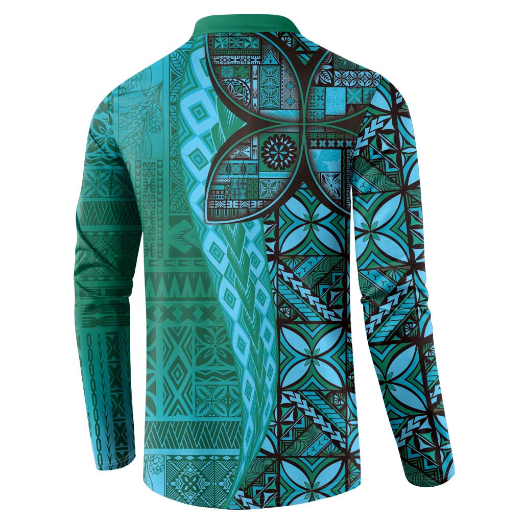 Samoan Pacific Tribal Flower Geometric Art Tattoos Button Sweatshirt Siapo Pattern Turquoise Tide LT03 - Polynesian Pride