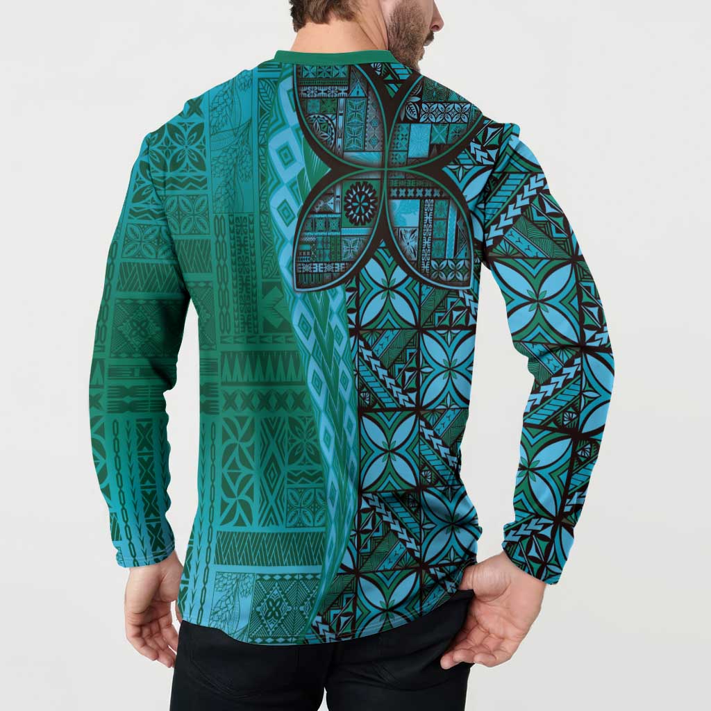 Samoan Pacific Tribal Flower Geometric Art Tattoos Button Sweatshirt Siapo Pattern Turquoise Tide LT03 - Polynesian Pride