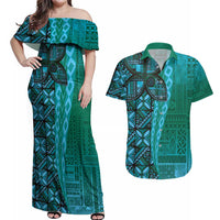 Samoan Pacific Tribal Flower Geometric Art Tattoos Couples Matching Off Shoulder Maxi Dress and Hawaiian Shirt Siapo Pattern Turquoise Tide - Polynesian Pride