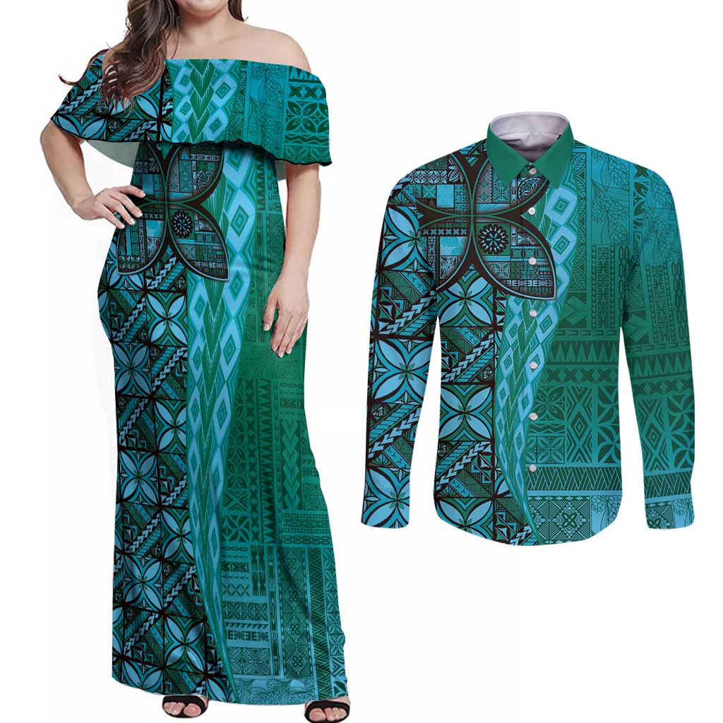 Samoan Pacific Tribal Flower Geometric Art Tattoos Couples Matching Off Shoulder Maxi Dress and Long Sleeve Button Shirt Siapo Pattern Turquoise Tide LT03 Turquoise - Polynesian Pride