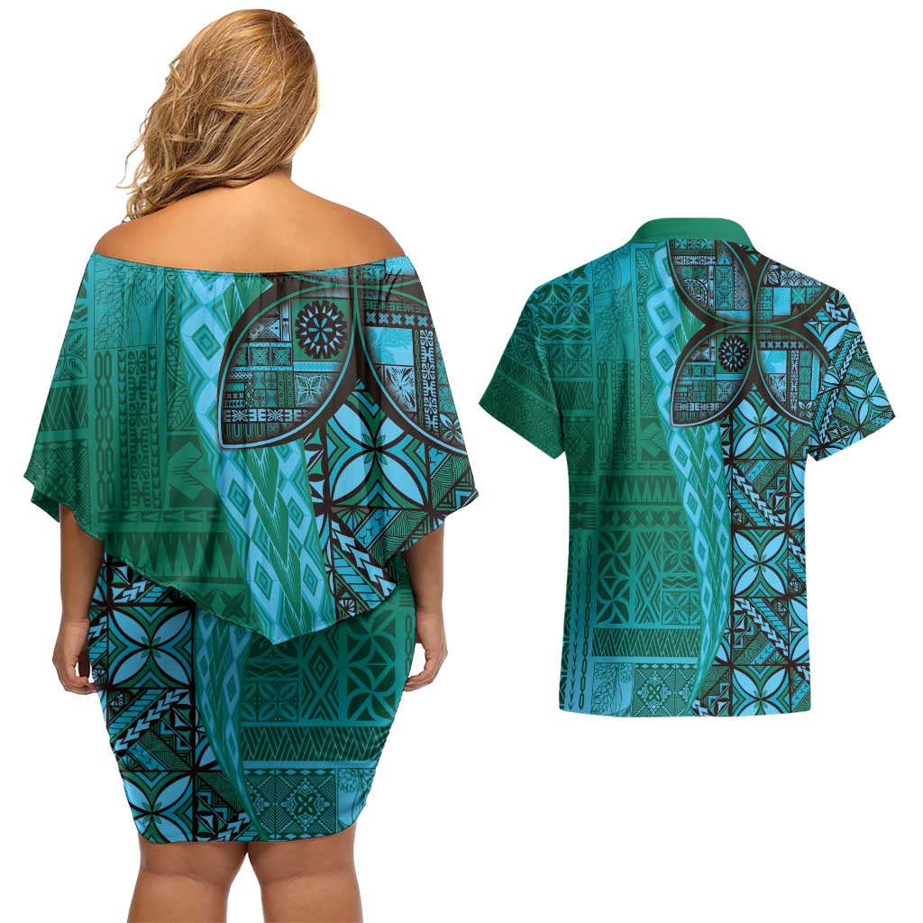 Samoan Pacific Tribal Flower Geometric Art Tattoos Couples Matching Off Shoulder Short Dress and Hawaiian Shirt Siapo Pattern Turquoise Tide - Polynesian Pride