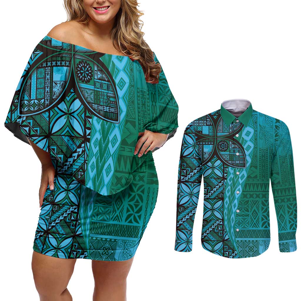 Samoan Pacific Tribal Flower Geometric Art Tattoos Couples Matching Off Shoulder Short Dress and Long Sleeve Button Shirt Siapo Pattern Turquoise Tide LT03 Turquoise - Polynesian Pride