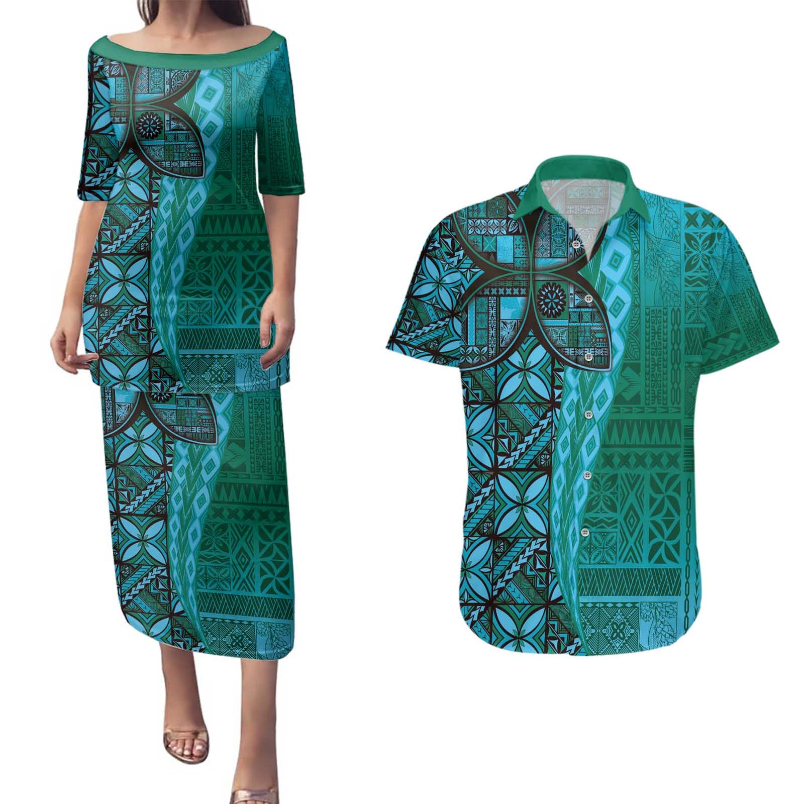 Samoan Pacific Tribal Flower Geometric Art Tattoos Couples Matching Puletasi and Hawaiian Shirt Siapo Pattern Turquoise Tide LT03 Turquoise - Polynesian Pride