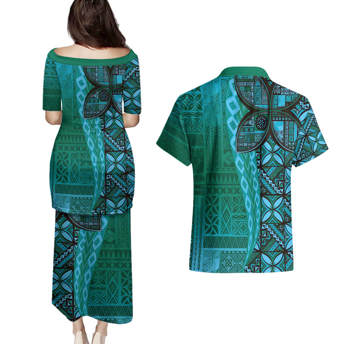 Samoan Pacific Tribal Flower Geometric Art Tattoos Couples Matching Puletasi and Hawaiian Shirt Siapo Pattern Turquoise Tide - Polynesian Pride