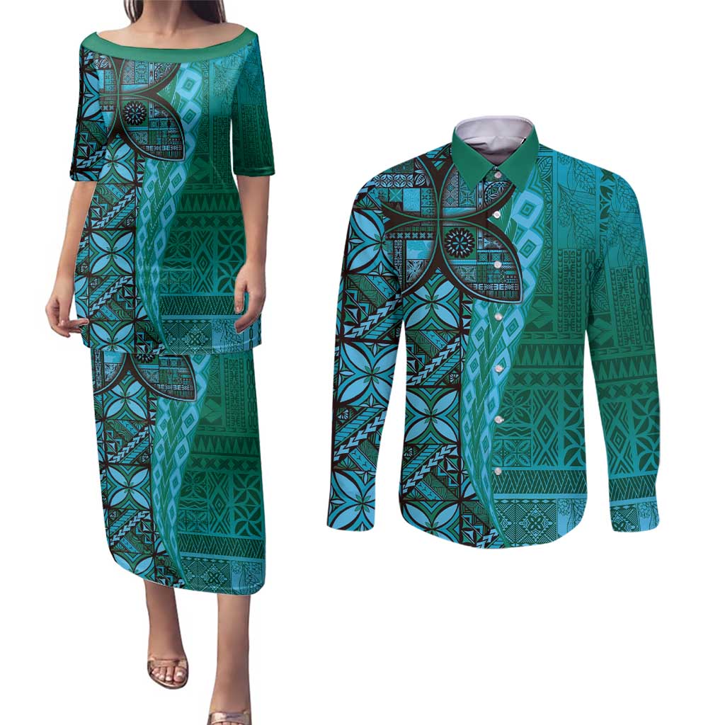 Samoan Pacific Tribal Flower Geometric Art Tattoos Couples Matching Puletasi and Long Sleeve Button Shirt Siapo Pattern Turquoise Tide LT03 Turquoise - Polynesian Pride
