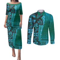 Samoan Pacific Tribal Flower Geometric Art Tattoos Couples Matching Puletasi and Long Sleeve Button Shirt Siapo Pattern Turquoise Tide LT03 Turquoise - Polynesian Pride