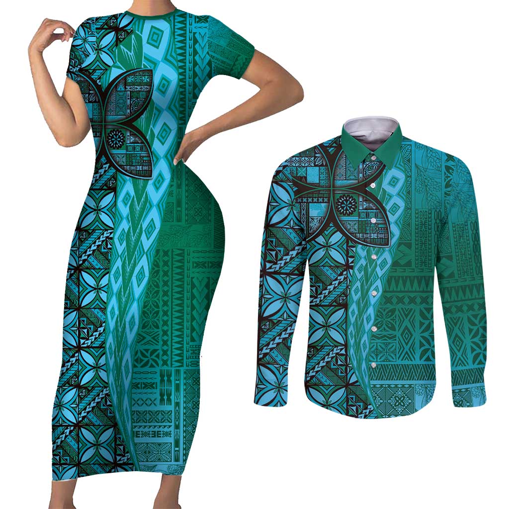 Samoan Pacific Tribal Flower Geometric Art Tattoos Couples Matching Short Sleeve Bodycon Dress and Long Sleeve Button Shirt Siapo Pattern Turquoise Tide LT03 Turquoise - Polynesian Pride