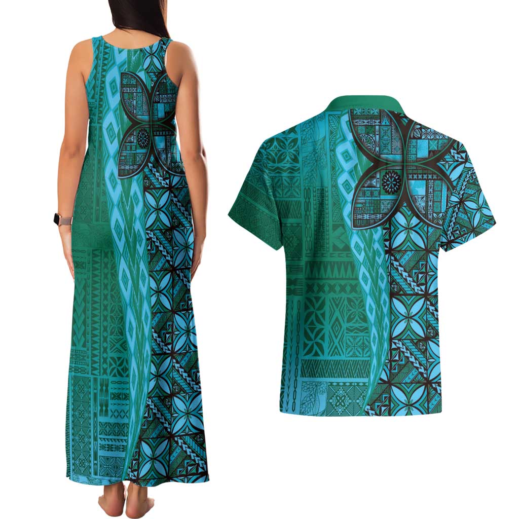 Samoan Pacific Tribal Flower Geometric Art Tattoos Couples Matching Tank Maxi Dress and Hawaiian Shirt Siapo Pattern Turquoise Tide - Polynesian Pride