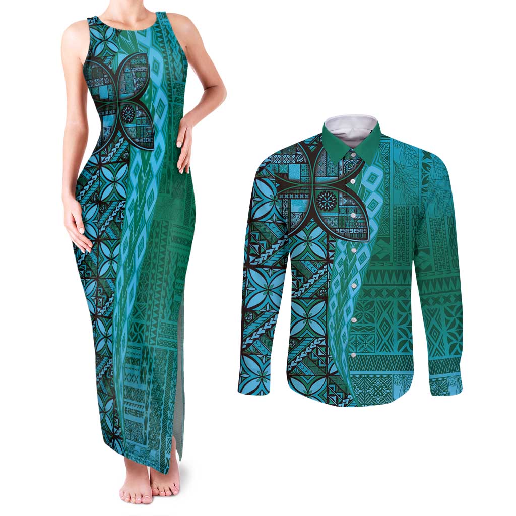 Samoan Pacific Tribal Flower Geometric Art Tattoos Couples Matching Tank Maxi Dress and Long Sleeve Button Shirt Siapo Pattern Turquoise Tide LT03 Turquoise - Polynesian Pride