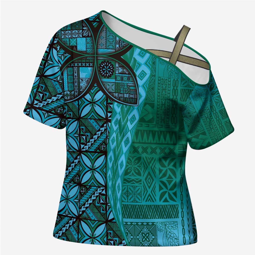 Samoan Pacific Tribal Flower Geometric Art Tattoos Cross Shoulder Shirt Siapo Pattern Turquoise Tide LT03 Female Turquoise - Polynesian Pride
