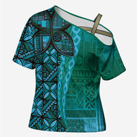 Samoan Pacific Tribal Flower Geometric Art Tattoos Cross Shoulder Shirt Siapo Pattern Turquoise Tide LT03 Female Turquoise - Polynesian Pride