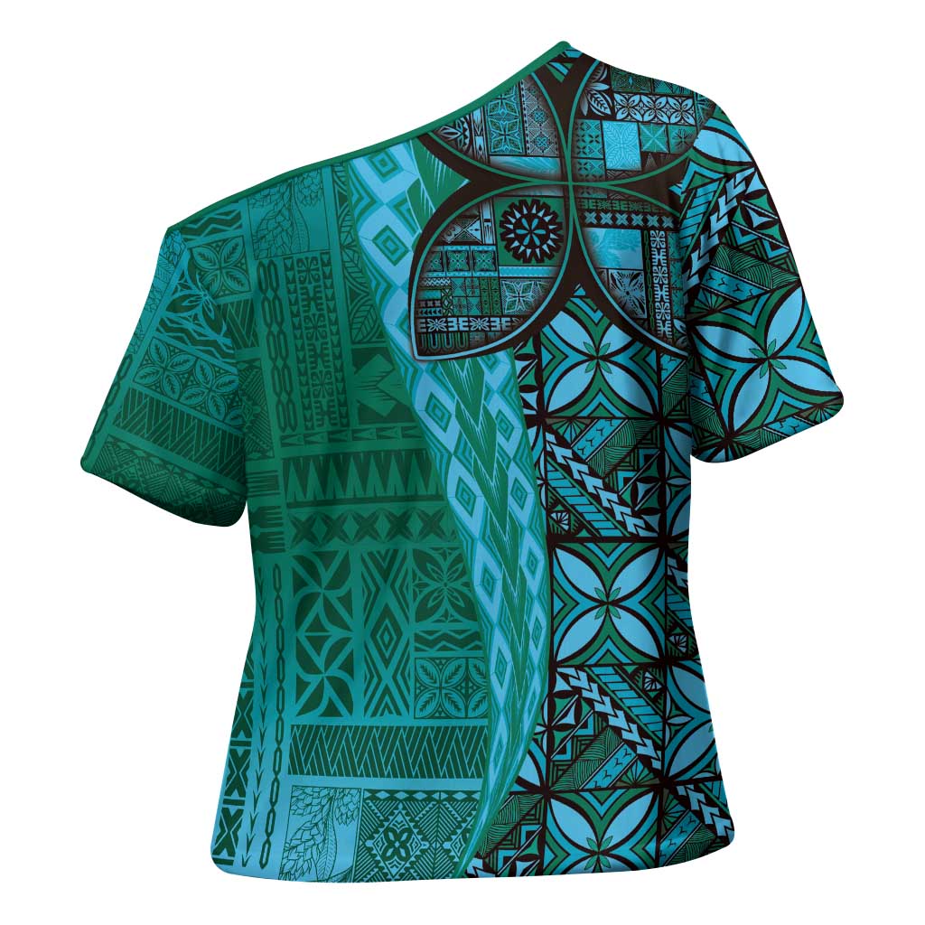 Samoan Pacific Tribal Flower Geometric Art Tattoos Cross Shoulder Shirt Siapo Pattern Turquoise Tide LT03 - Polynesian Pride
