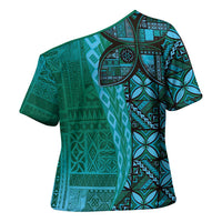 Samoan Pacific Tribal Flower Geometric Art Tattoos Cross Shoulder Shirt Siapo Pattern Turquoise Tide LT03 - Polynesian Pride