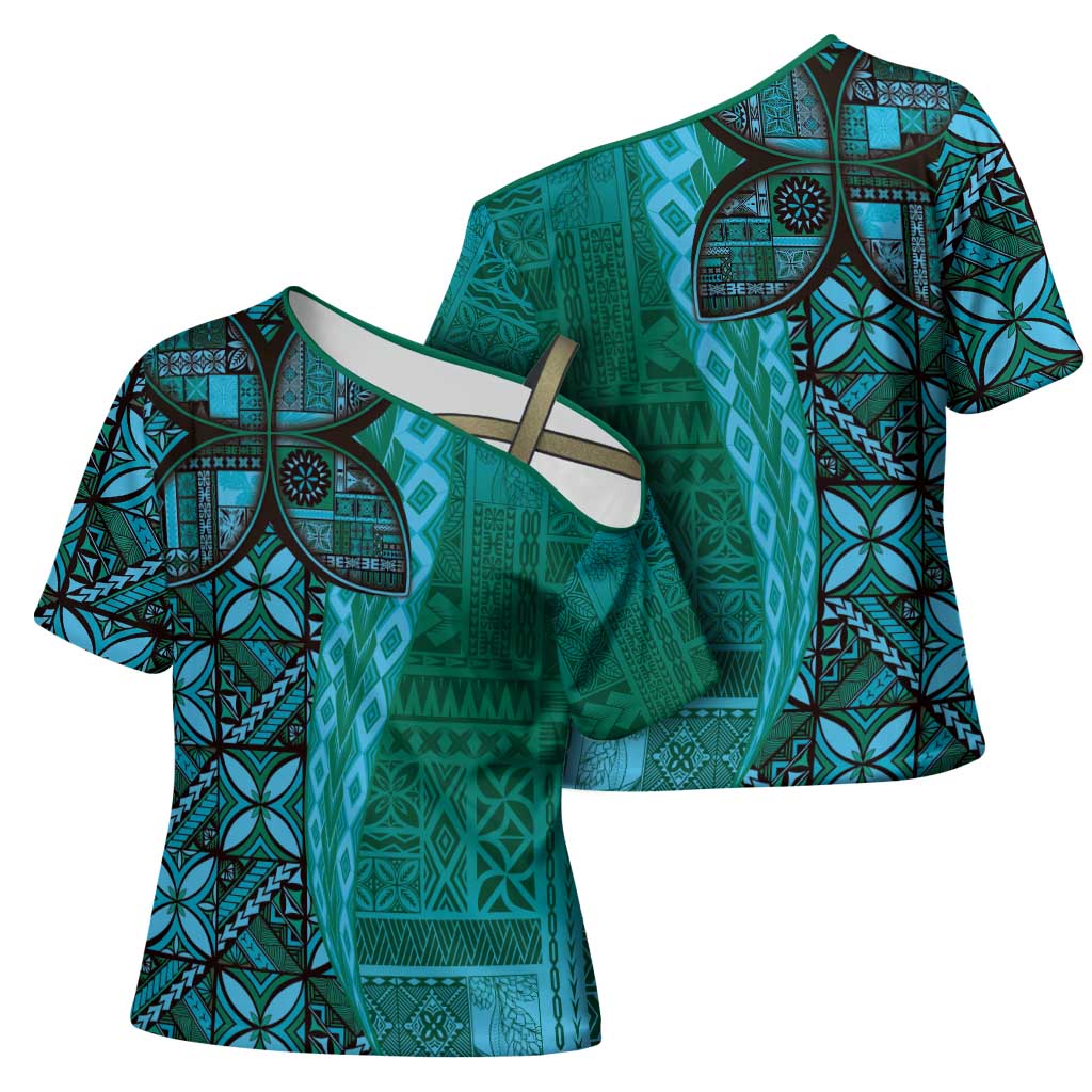 Samoan Pacific Tribal Flower Geometric Art Tattoos Cross Shoulder Shirt Siapo Pattern Turquoise Tide LT03 - Polynesian Pride