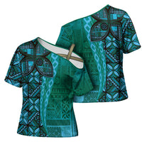 Samoan Pacific Tribal Flower Geometric Art Tattoos Cross Shoulder Shirt Siapo Pattern Turquoise Tide LT03 - Polynesian Pride