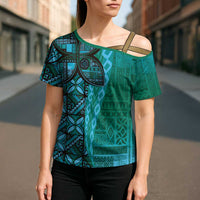 Samoan Pacific Tribal Flower Geometric Art Tattoos Cross Shoulder Shirt Siapo Pattern Turquoise Tide LT03 - Polynesian Pride