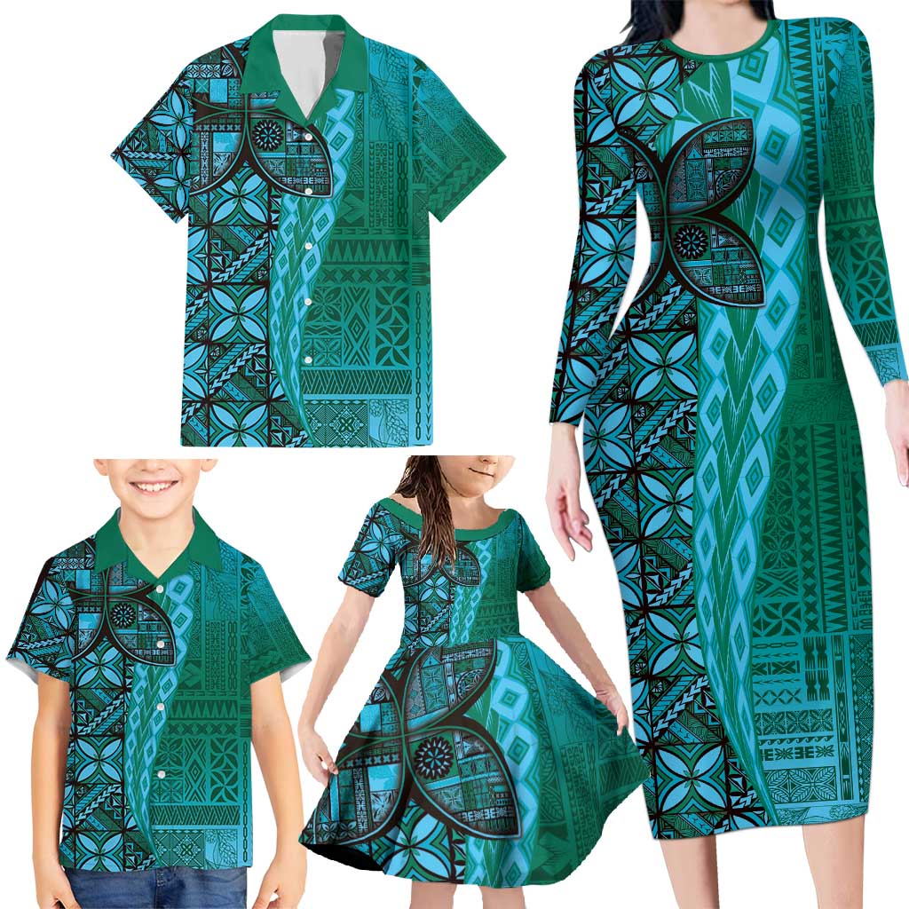 Samoan Pacific Tribal Flower Geometric Art Tattoos Family Matching Long Sleeve Bodycon Dress and Hawaiian Shirt Siapo Pattern Turquoise Tide - Polynesian Pride
