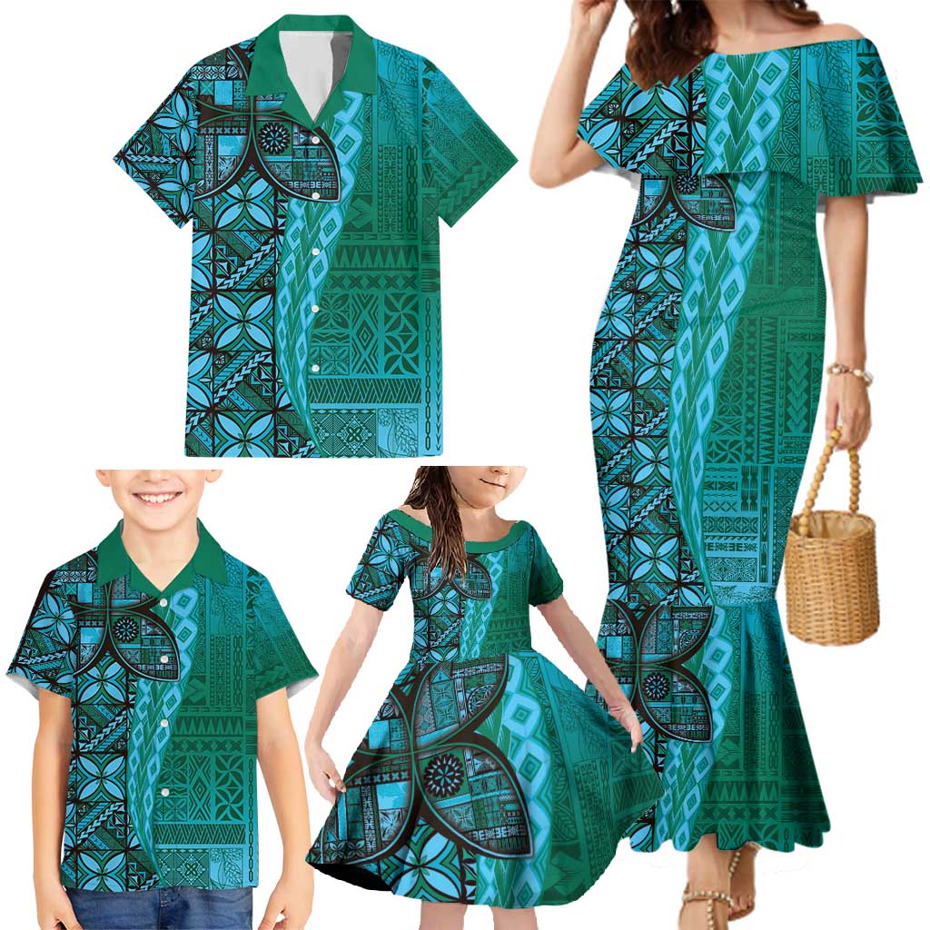 Samoan Pacific Tribal Flower Geometric Art Tattoos Family Matching Mermaid Dress and Hawaiian Shirt Siapo Pattern Turquoise Tide - Polynesian Pride